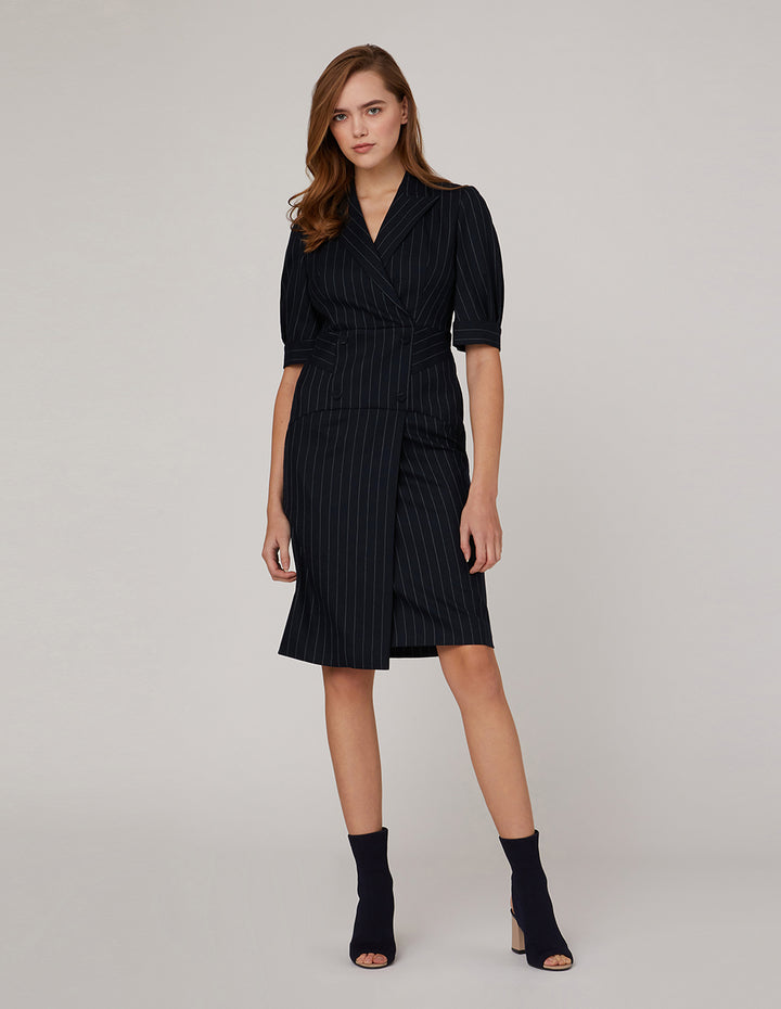 MARYLING Peak Lapel Three-Quarter Sleeve Stripe Dress