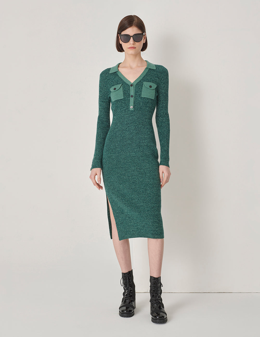 MARYLING Women's Colour Blocking Collar Long Sleeve Knited Dress