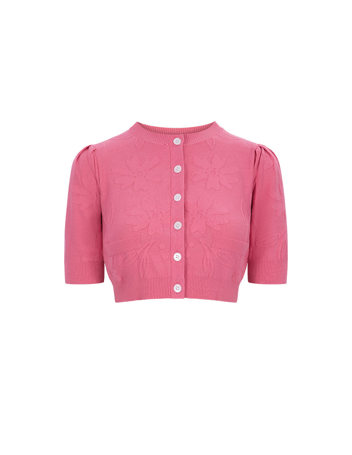 MARYLING Honey Pink Round Neck Flowers Knitted Cardigan