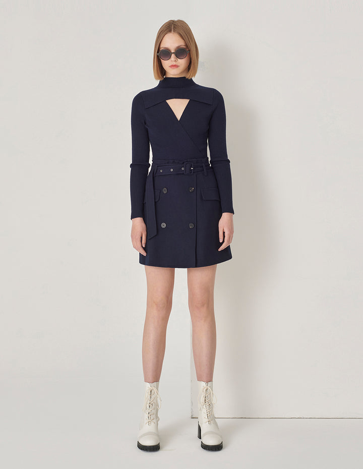 MARYLING Navy V-Shaped Hollow Knitted Double-Sided Woolen Dress