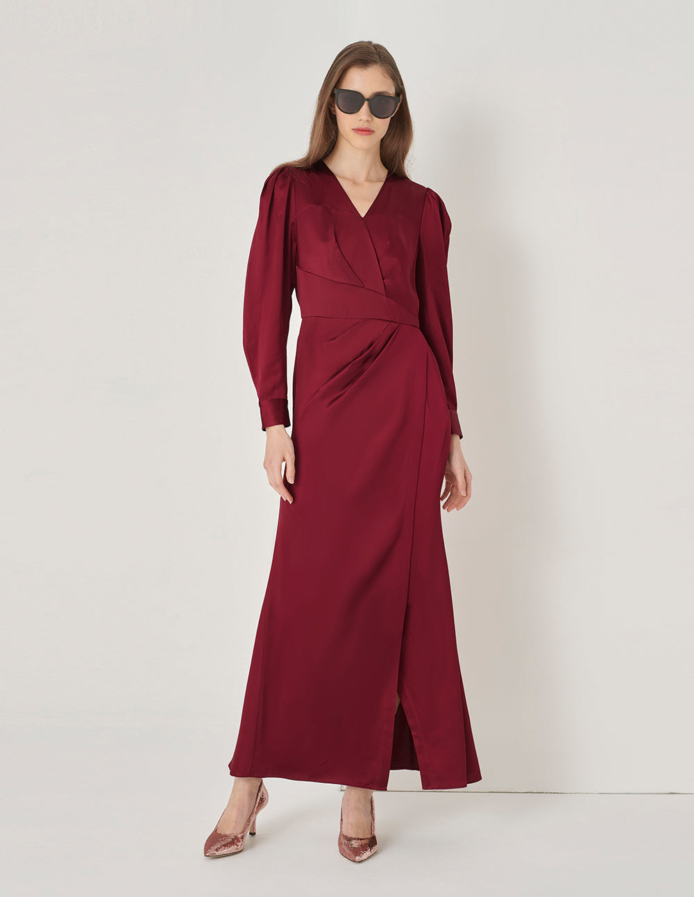 MARYLING Women's Burgundy V-Neck Fishtail Slit Long-Sleeved Dress