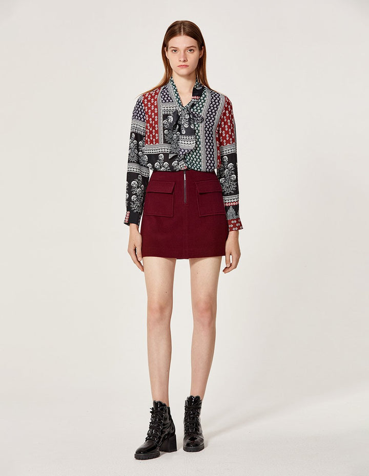 MARYLING Wool Blend Zip Up Side Pocket A-Line Mini Skirt