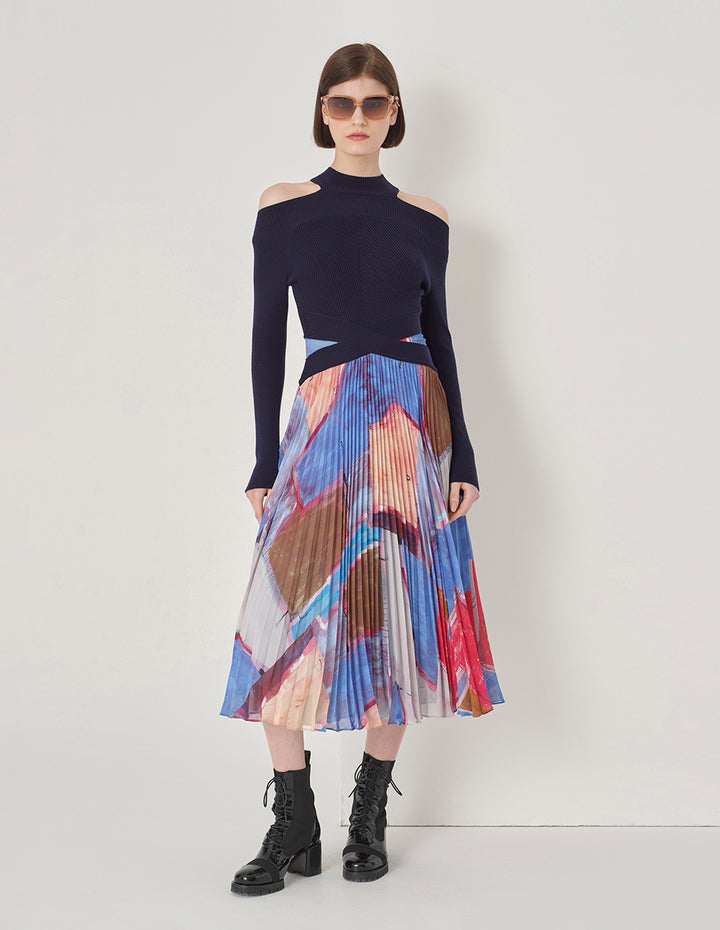 MARYLING Chiffon Print Pleated Dress