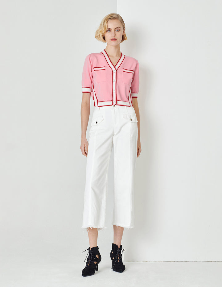 MARYLING Peach Pink Contrasting Rib-Knit Detail Cardigan