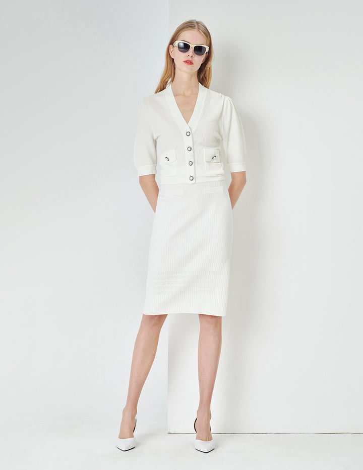 MARYLING Off-White V-Neck Pearl Button Short-Sleeved Knitted Cardigan