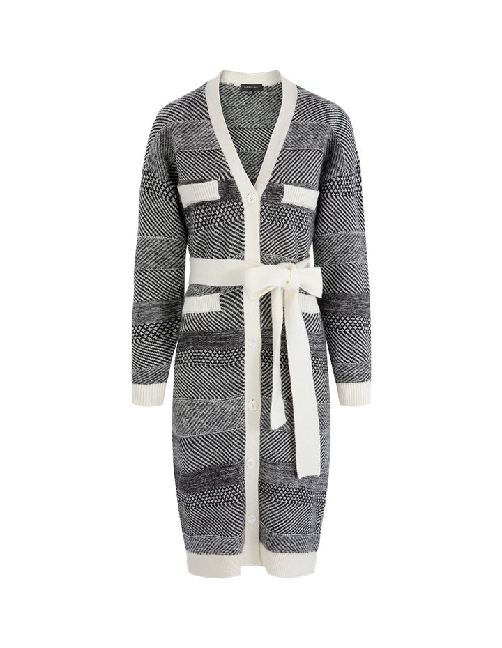 MARYLING Gradient Light Gray Patterned Waisted Knitted Long Coat