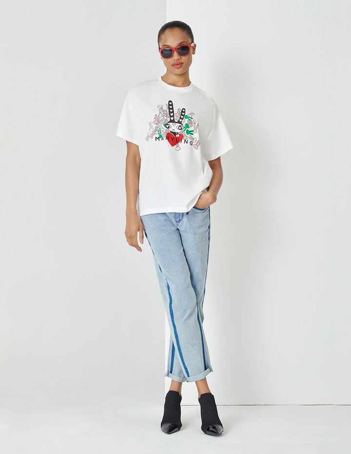 MARYLING White Rabbit Print Loose Fit Short Sleeve T-Shirt
