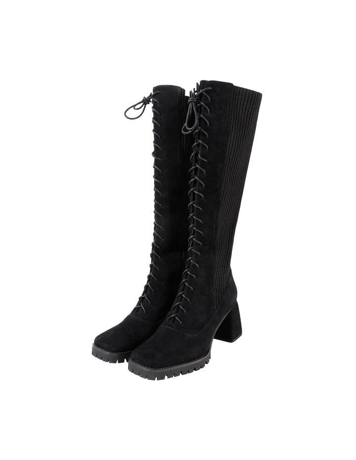 MARYLING square toe high-heeled knitted stitched sheepskin boots