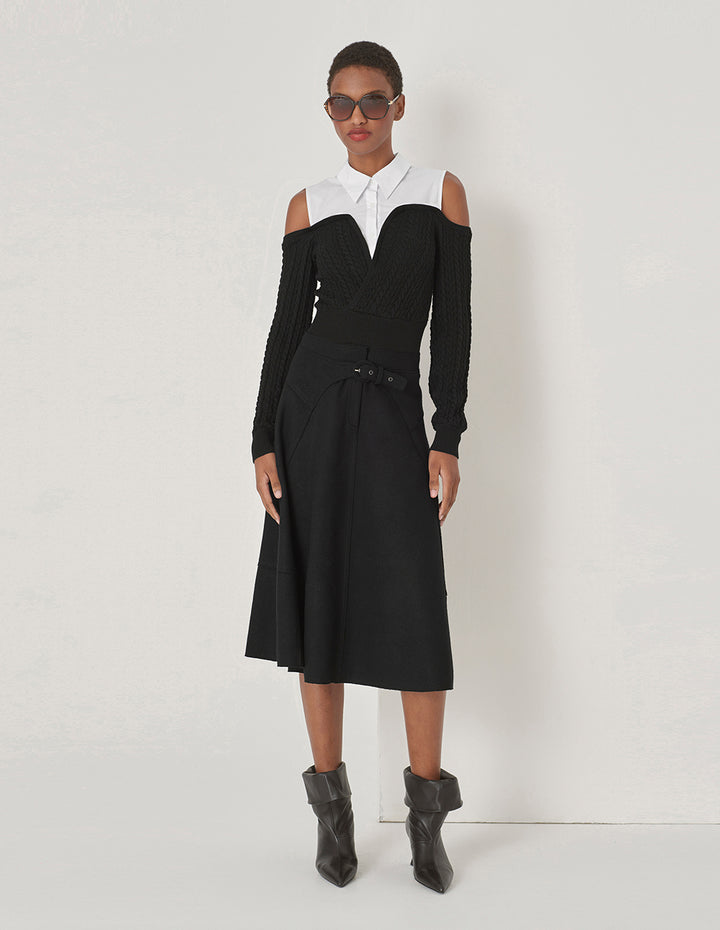 MARYLING Black Curved Waist Split A-Hem Skirt