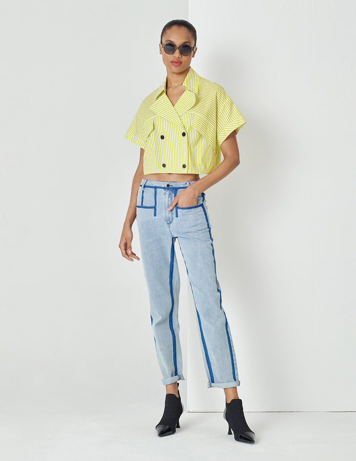 MARYLING Yellow And White Striped Lapel Blouse