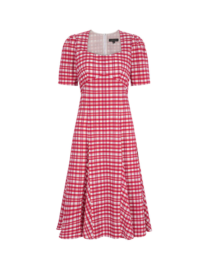 MARYLING Rose Pink Square Neck Puff Sleeve Check Dress