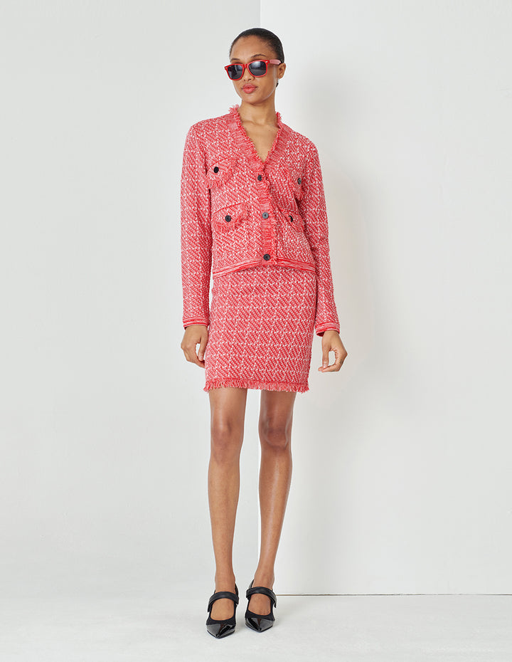 MARYLING  V-Neck Red And Pink Plaid Elegant Knitted Cardigan