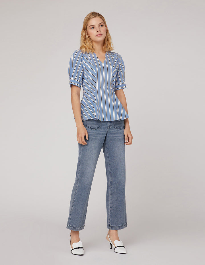 MARYLING Blue white stripes wavy hem top