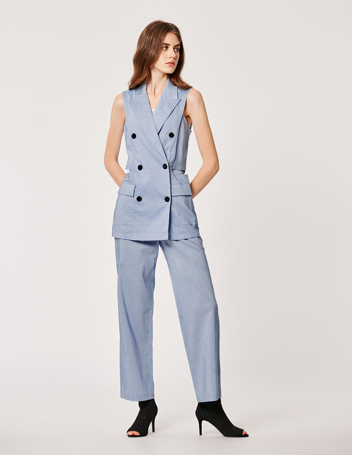 MARYLING SKY BLUE LINEN BLENDED SLEEVELESS JACKET