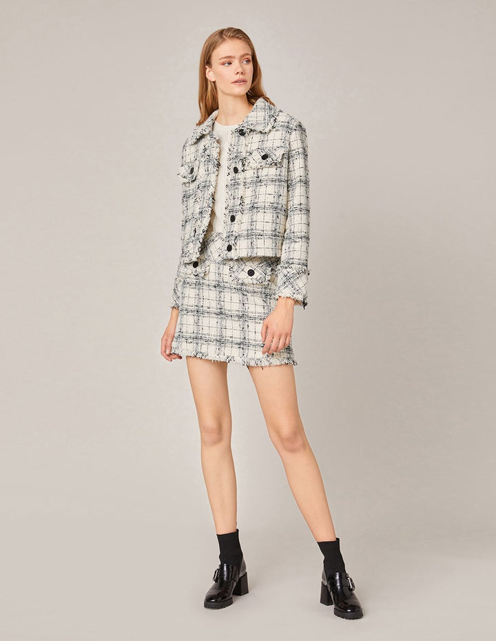 MARYLING PLAID TWEED FRINGE HEM MINI SKIRT