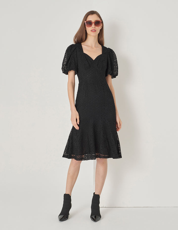 MARYLING Black Puff Sleeve Fishtail Lace Dress