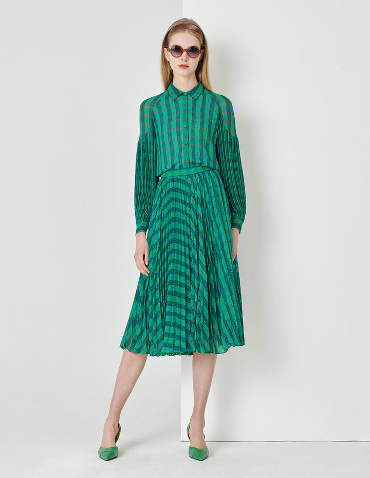 MARYLING  Blue And Green Square Print Houndstooth Pleated Skirt