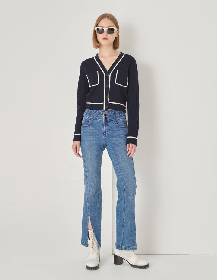 MARYLING Dark Blue Knitted Cardigan With White Trim