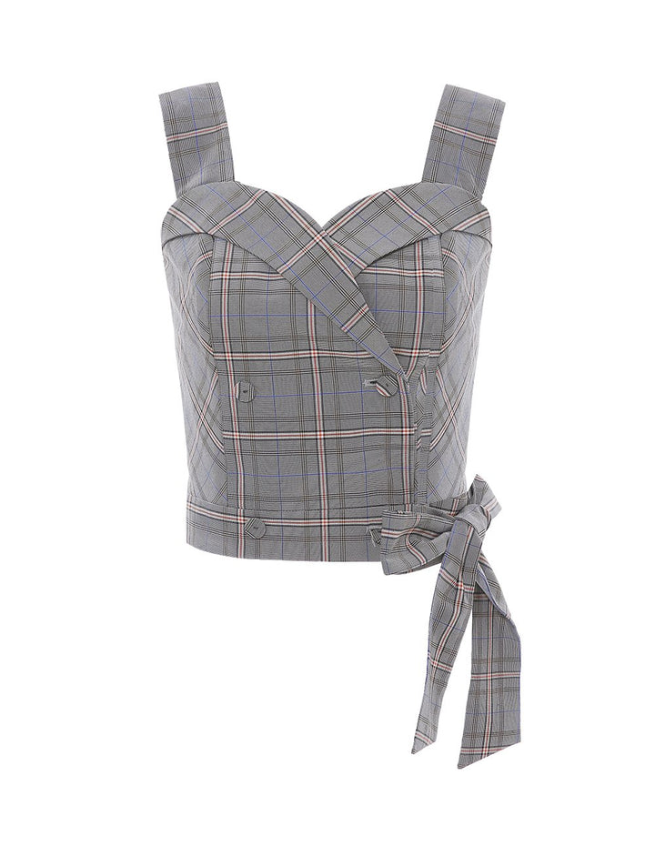 MARYLING Plaid Pattern Sleeveless Sash Waist Top
