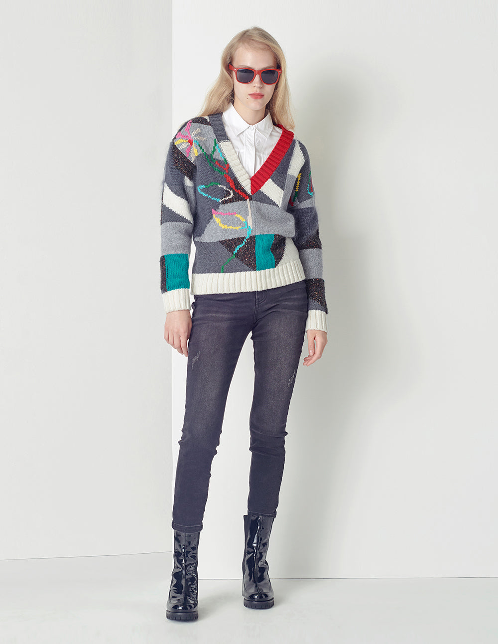 MARYLING Geometric Colourful Floral V-Neck Knit Pullover
