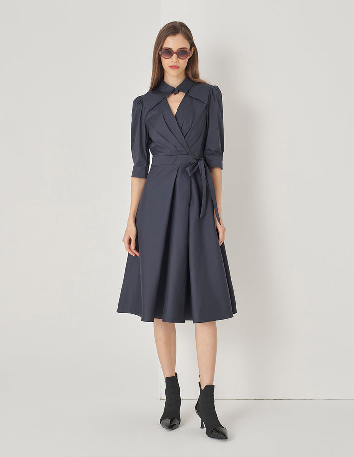 MARYLING Midnight Blue Shirt Neck V-Shaped Overlap Knotted Navy Dress