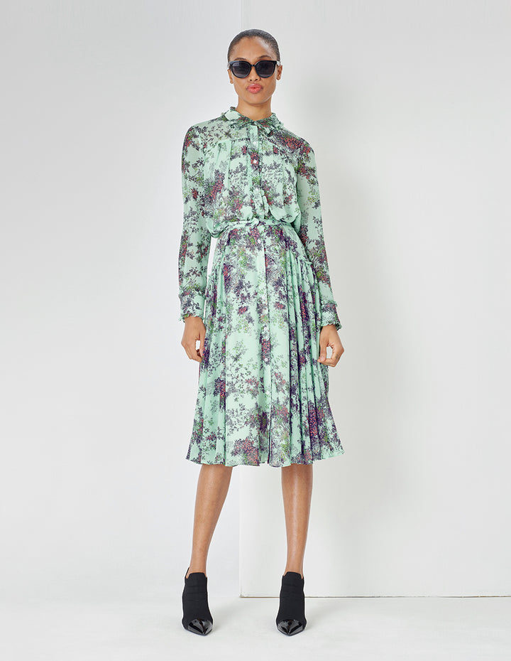 MARYLING Light Green Summer Jungle Small Floral Print Skirt With Ruffle Edge