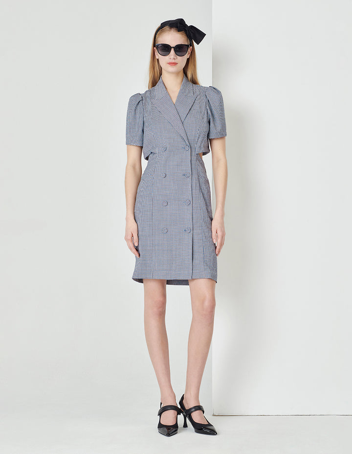 MARYLING Blue And White Checkered Back Hollow Bell-Shaped Sleeve Suit Dress
