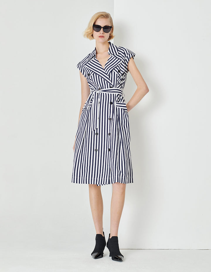 MARYLING Blue And White Striped Lapel Belted Striped Dress