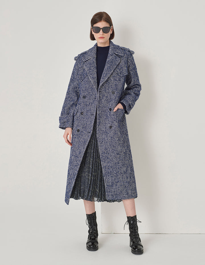 MARYLING Blue And White Patterned Lapel Double-Breasted Coat