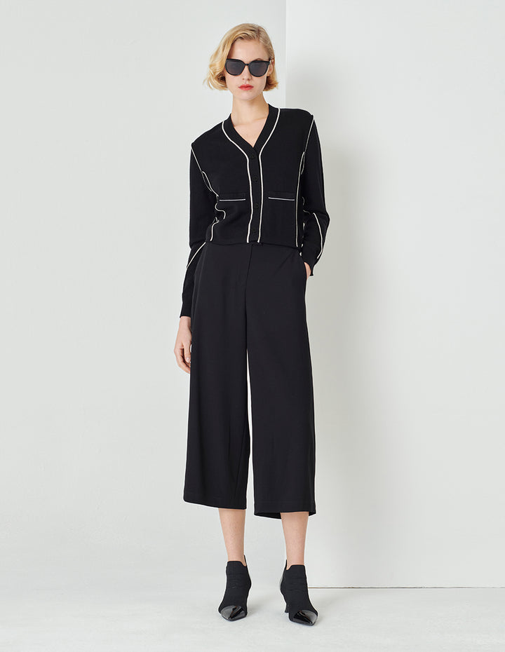 MARYLING Black Lapel Short Puff Sleeve Double-Breasted Knitted Cardigan