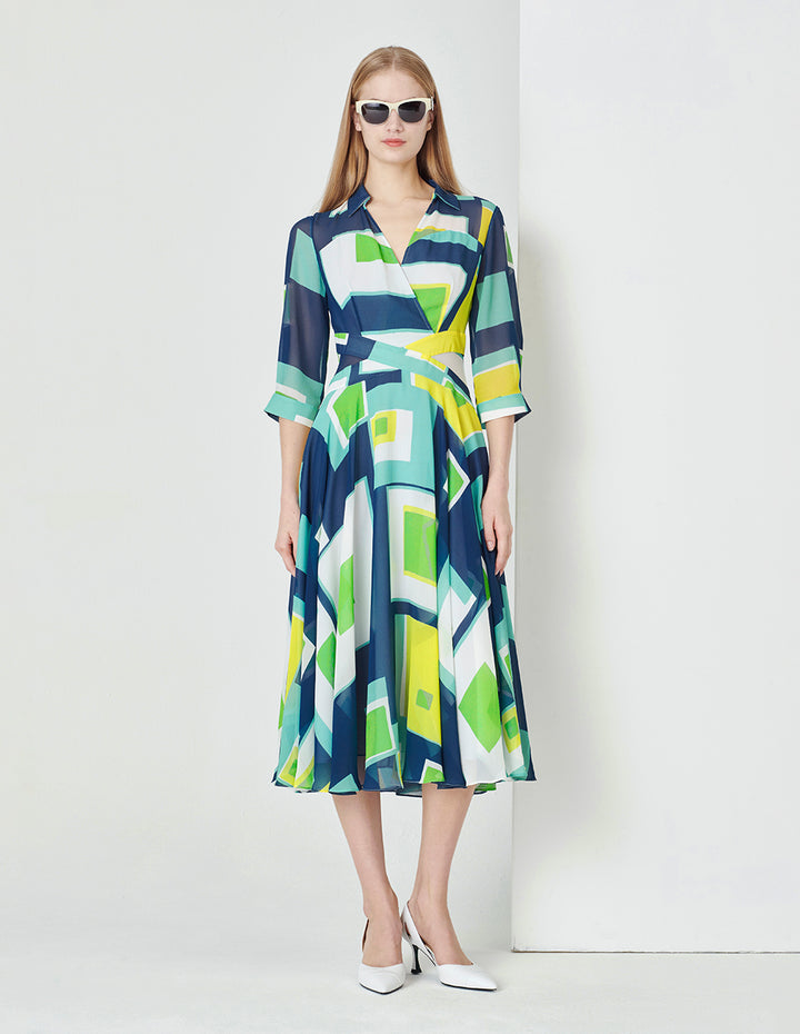 MARYLING Colourful Holiday Puzzle Art Plaid V-Neck Big Swing Georgette Dress