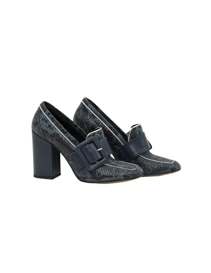 MARYLING Snake Print Leather Buckle High Heel Loafers