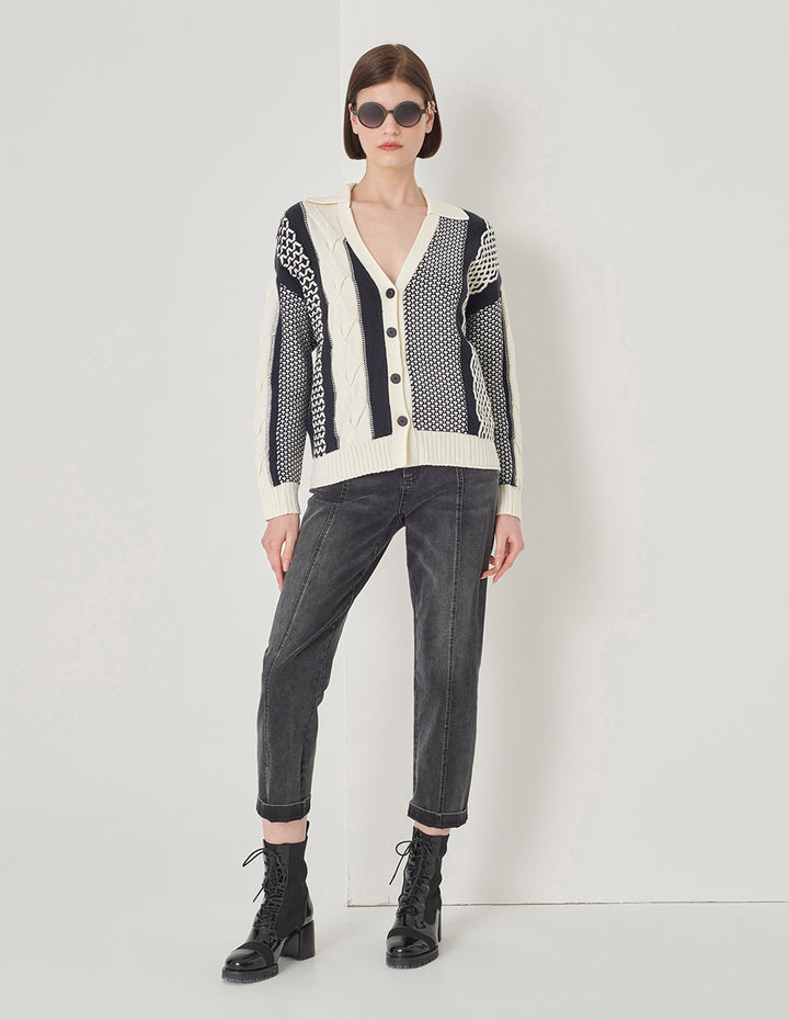 MARYLING Black And White Contrasting Design Knitted Cardigan