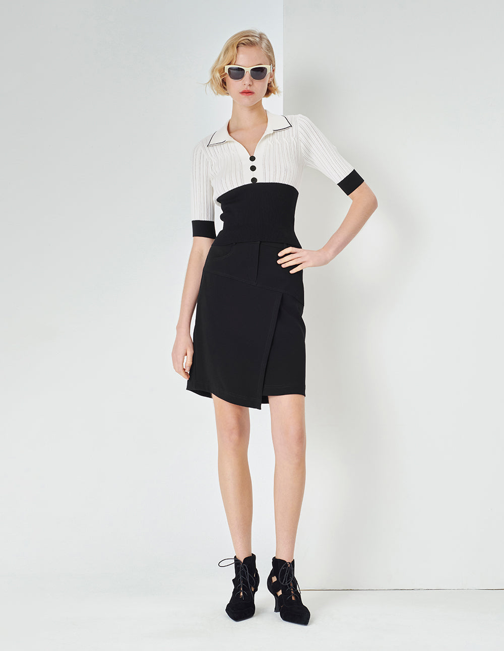 MARYLING White Tee Collar Colour block Knit Sweater