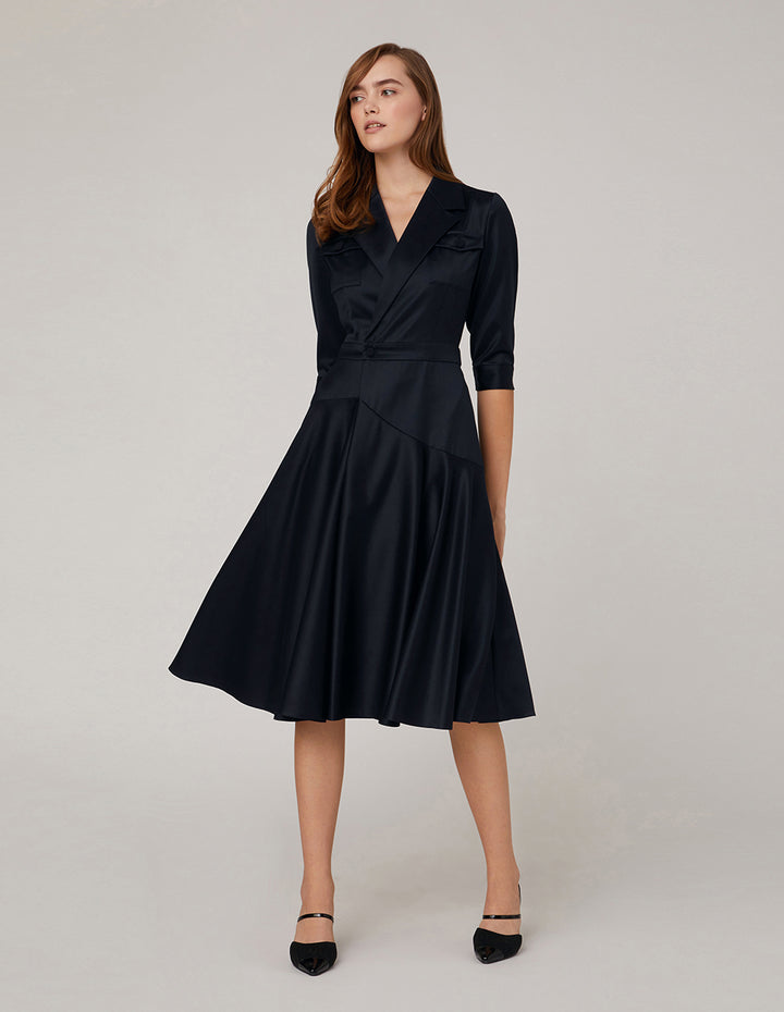 MARYLING Notch Lapel Asymmetrical Flared Dress