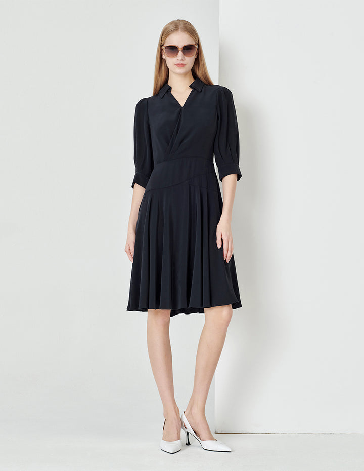 MARYLING Midnight Blue Pleated Mid-Sleeve Dress