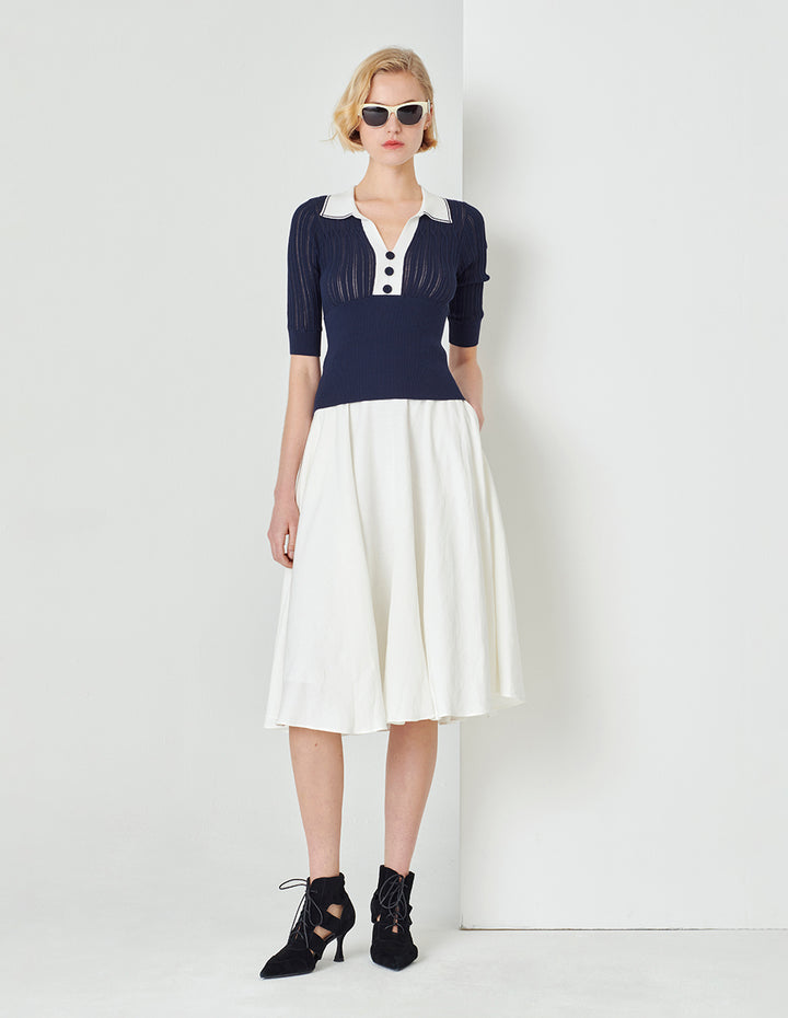 MARYLING Midnight Blue Polo Shirt Collar Colour block Knit Sweatshirt