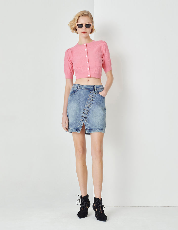 MARYLING Denim Blue Asymmetric Lace-Up Denim Skirt