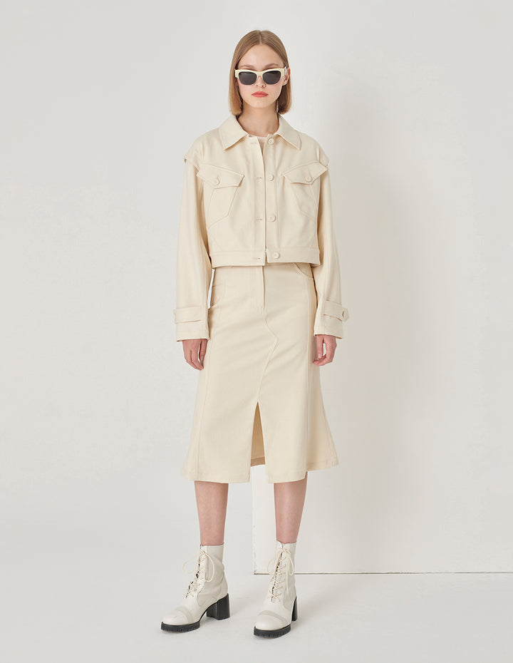 MARYLING White Slanted Pocket Cropped Jacket