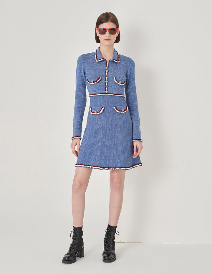 MARYLING Colourful Striped-Trim Long-Sleeve A-Line Knitted Shirt Dress