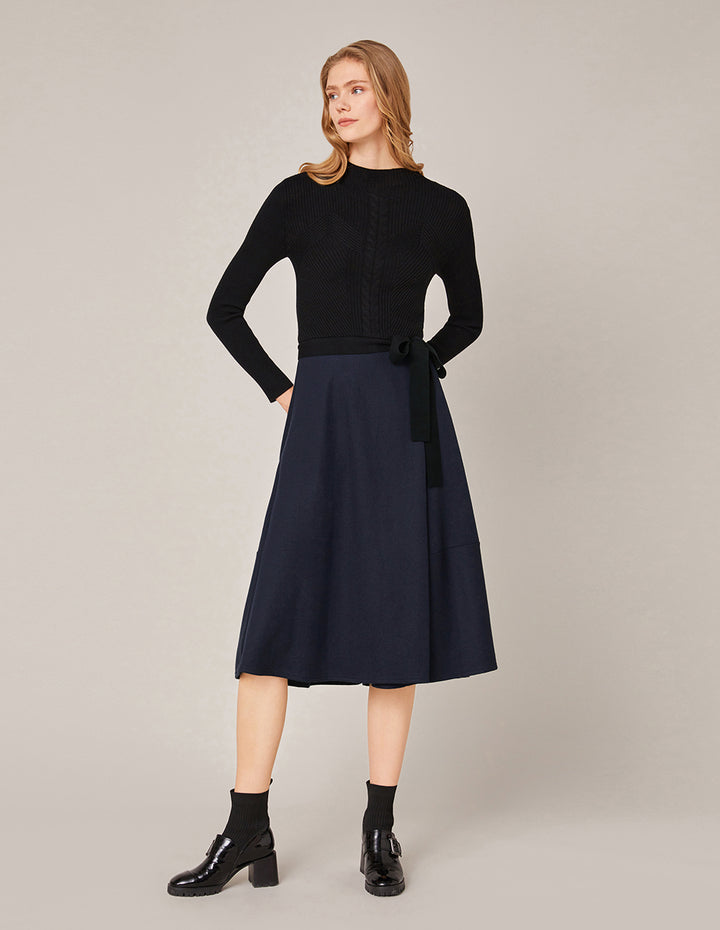 MARYLING Rib-Knit Spliced Pleated Midi Dress