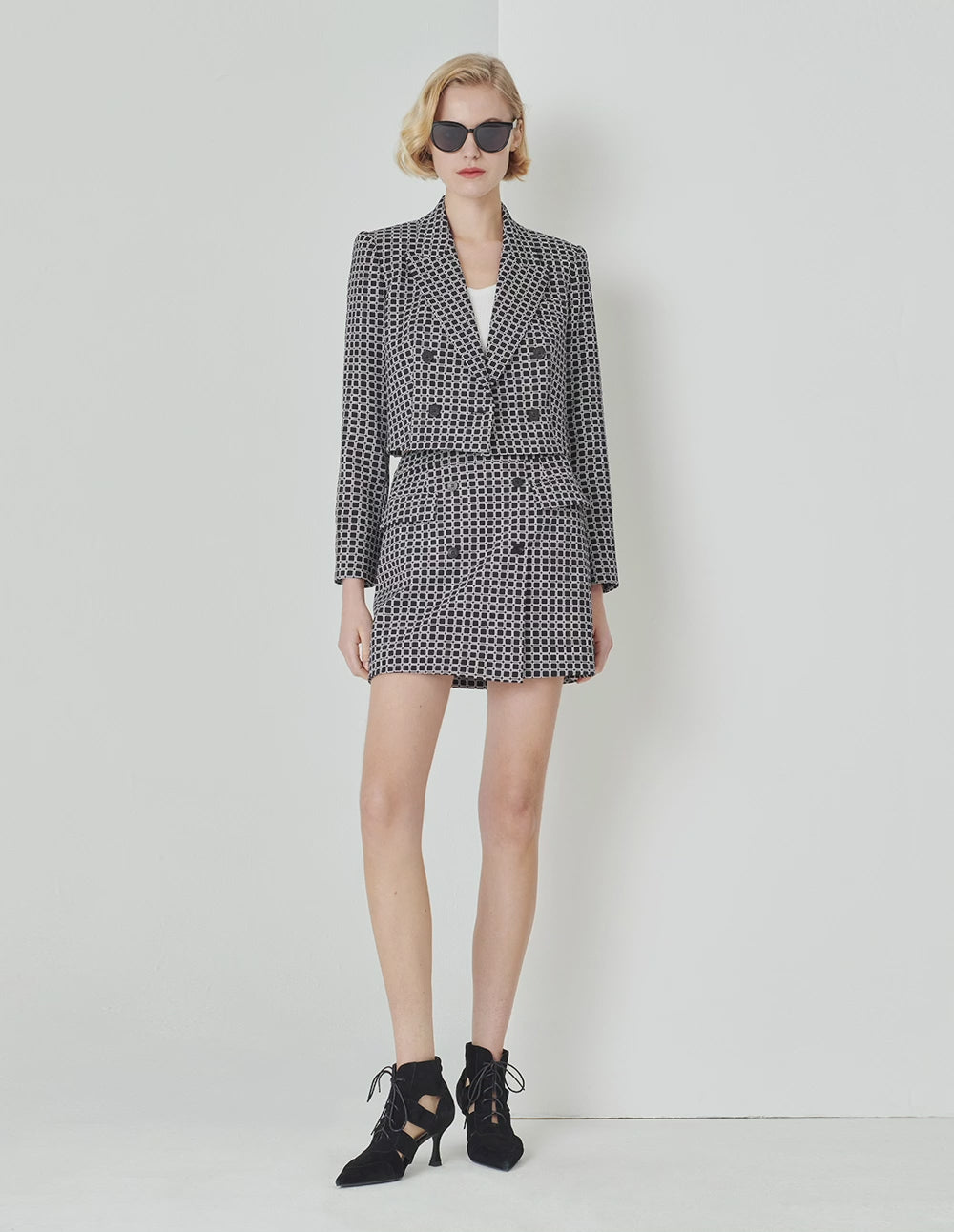 MARYLING Black And White Plaid Retro Cropped Blazer