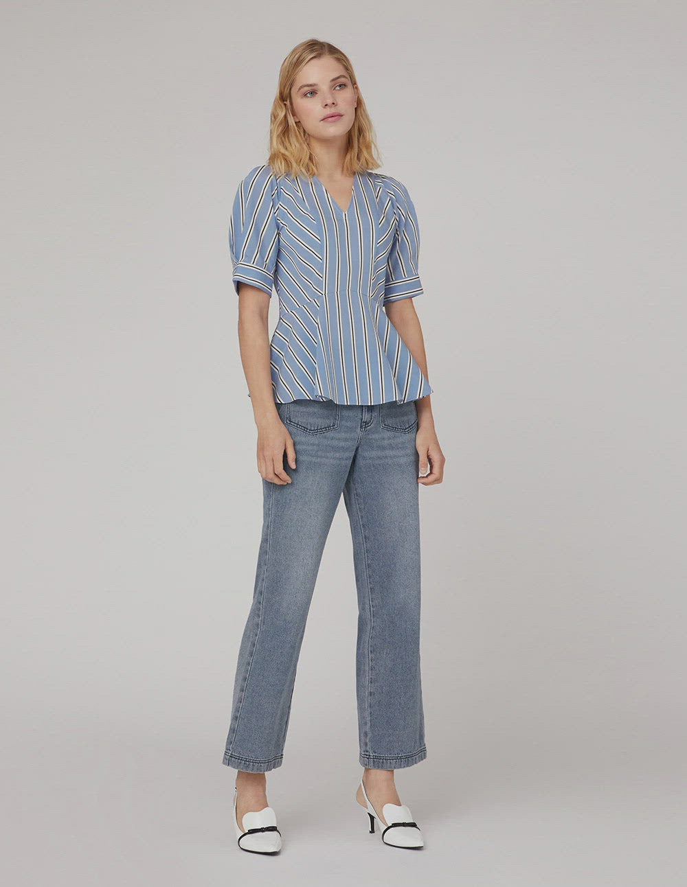 MARYLING Blue white stripes wavy hem top