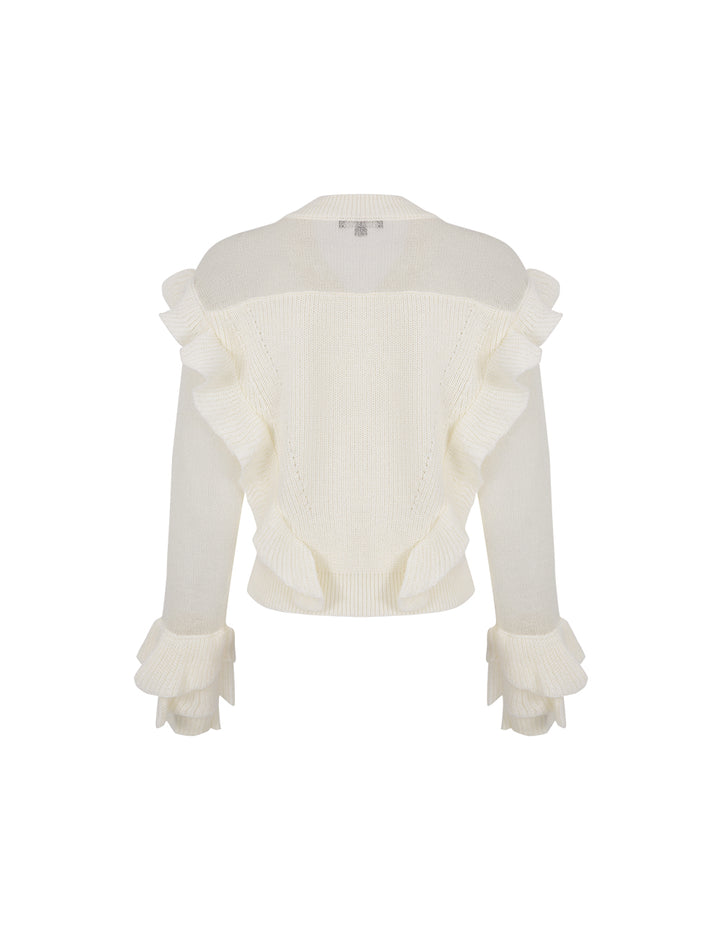 MARYLING Off-White V-Neck Ruffled Knit Pullover