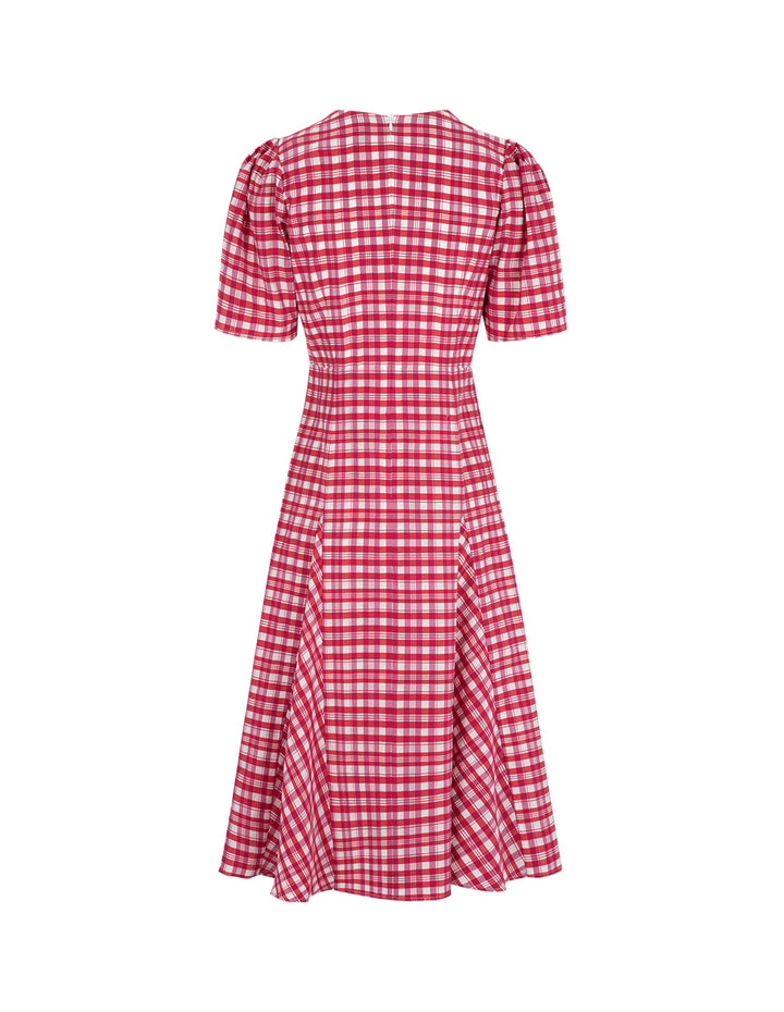 MARYLING Rose Pink Square Neck Puff Sleeve Check Dress