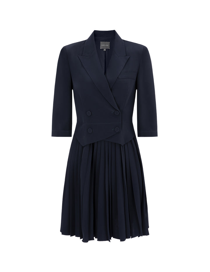 MARYLING Dark Blue Faux Two-Piece Suit Pleated Dress