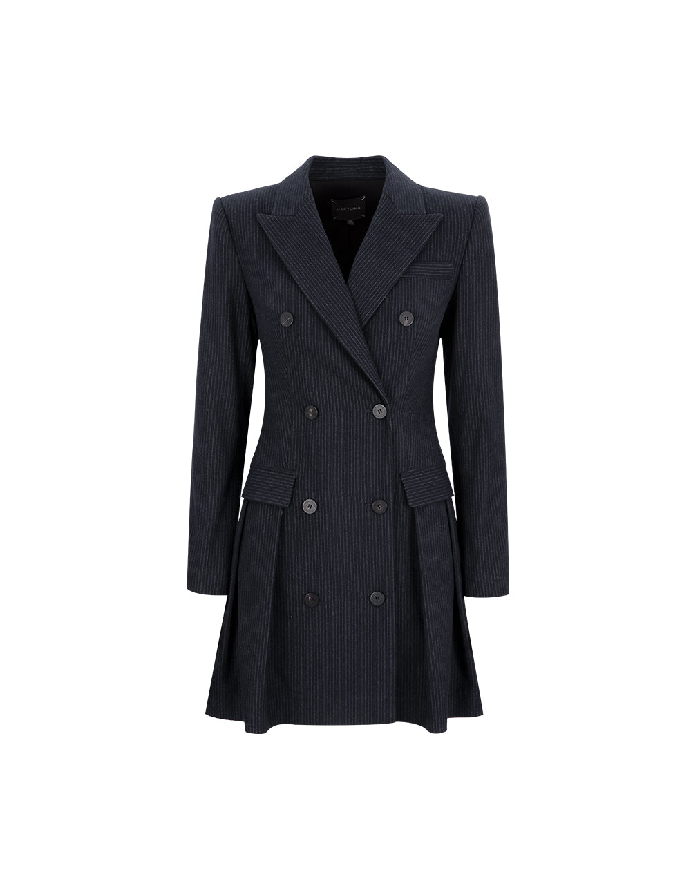 Maryling Navy Striped Double-Breasted Button-Down Dress With Pointed Collar