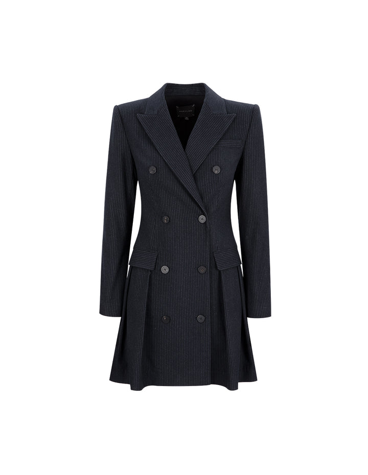 Maryling Navy Striped Double-Breasted Button-Down Dress With Pointed Collar