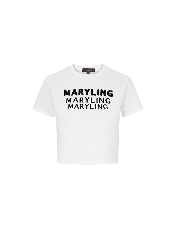MARYLING White Beaded Logo Cropped T-Shirt