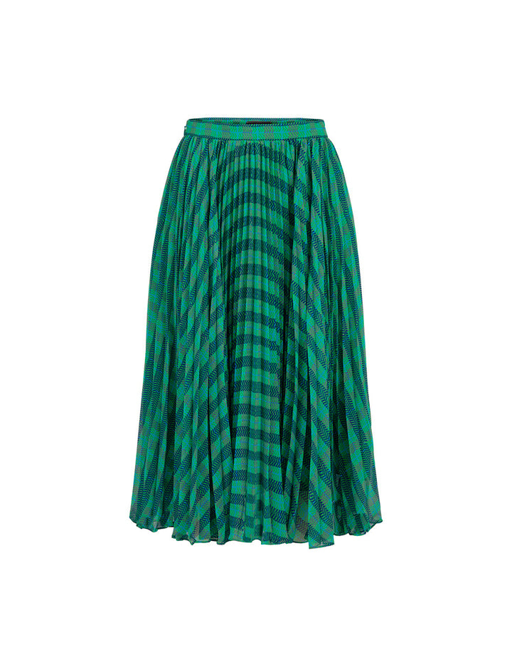 MARYLING  Blue And Green Square Print Houndstooth Pleated Skirt